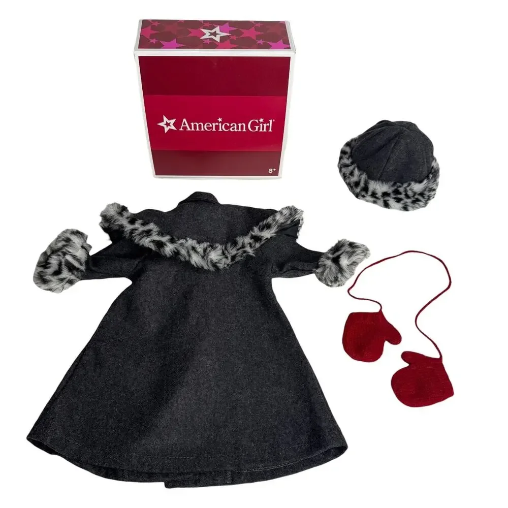American Girl Doll Nellie Holiday Coat Hat & Mittens Faux Fur Animal Print Box